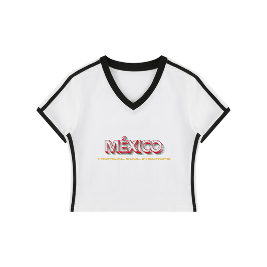 Mexico Women's Retro Binding V-Neck Crop T-Shirt
