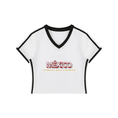 Mexico Women's Retro Binding V-Neck Crop T-Shirt