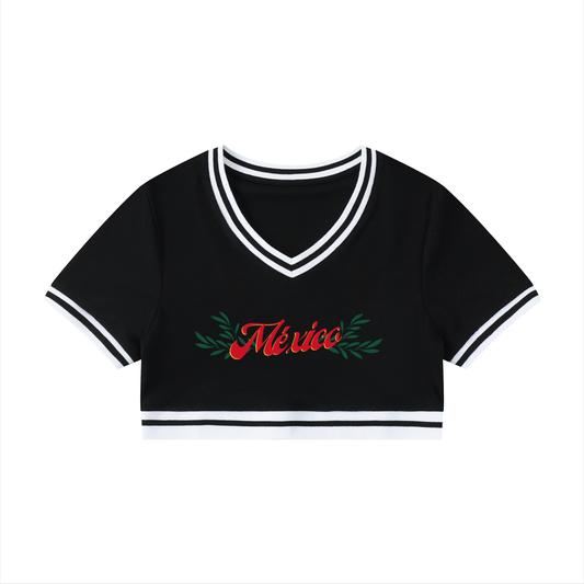 Mexico Women's Color Block V-Neck Crop T-Shirt