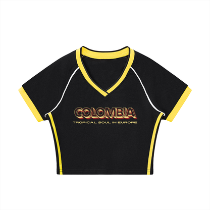 Colombia Contrast Trim V-Neck Crop T-Shirt